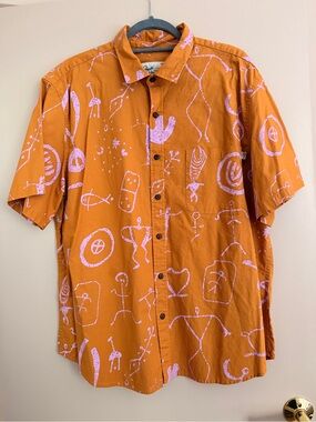 Roberta Oaks 100% cotton Button-Down Shirt in Mustard with Pink Print